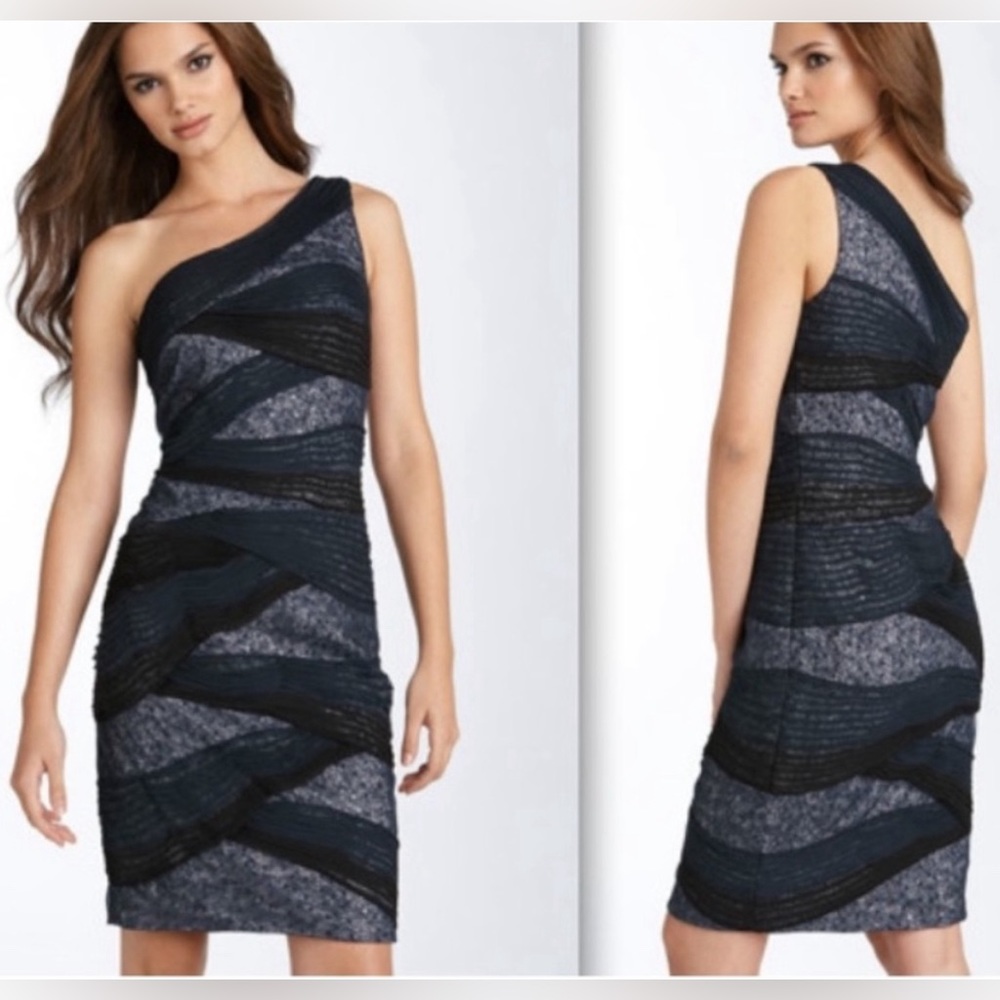Tadashi Shoji Silk Midi Dress One shoulder Blue Black Cocktail Formal Party Sz 6